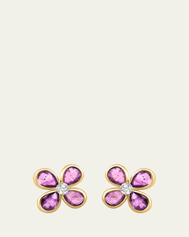 14K Pink Sapphire and Diamond Flower Earrings